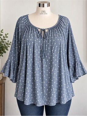 Fred David 3X Blue Polka Dot Bell Sleeve Tie Neck Tunic Blouse